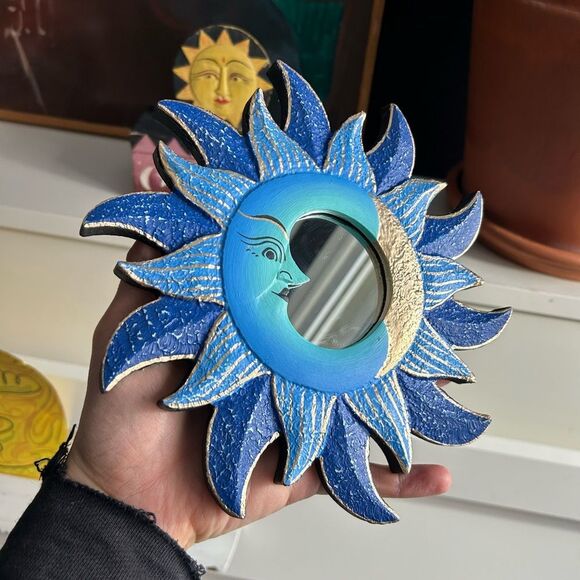 Vintage 8.5" Handpainted Blue and Gold Celestial Wall Mirror Whimsygoth - Picture 7 of 11